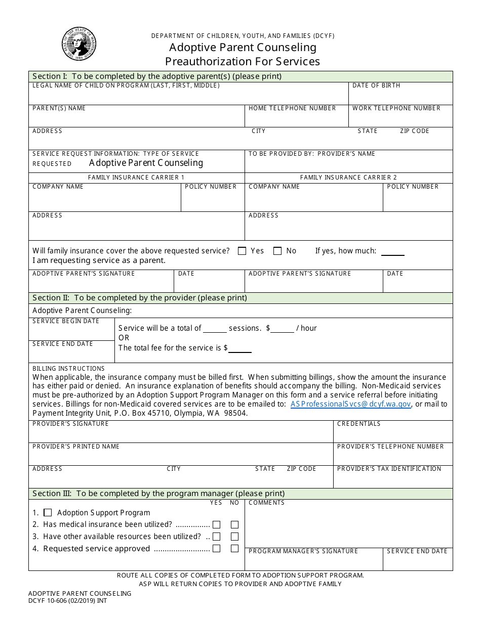 DCYF Form 10-606 Adoptive Parent Counseling Preauthorization for Services - Washington, Page 1