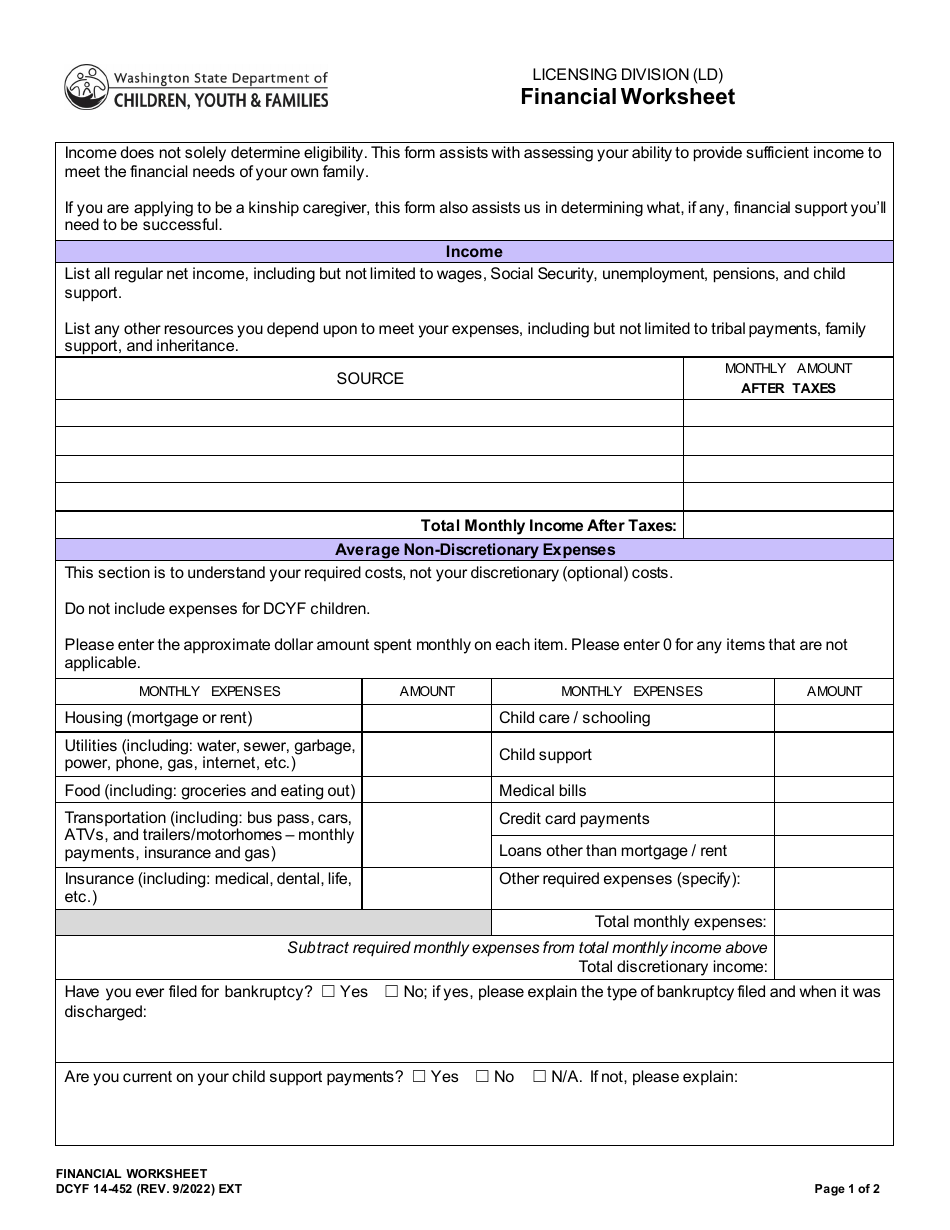 DCYF Form 14-452 Financial Worksheet - Washington, Page 1