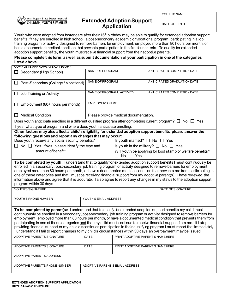 DCYF Form 14-545 Extended Adoption Support Application - Washington, Page 1