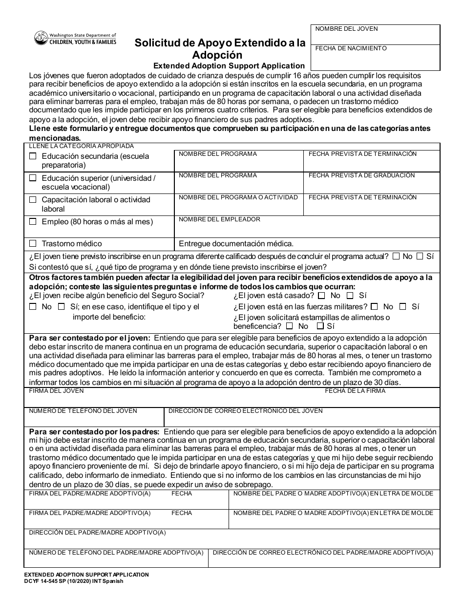 DCYF Formulario 14-545 Solicitud De Apoyo Extendido a La Adopcion - Washington (Spanish), Page 1