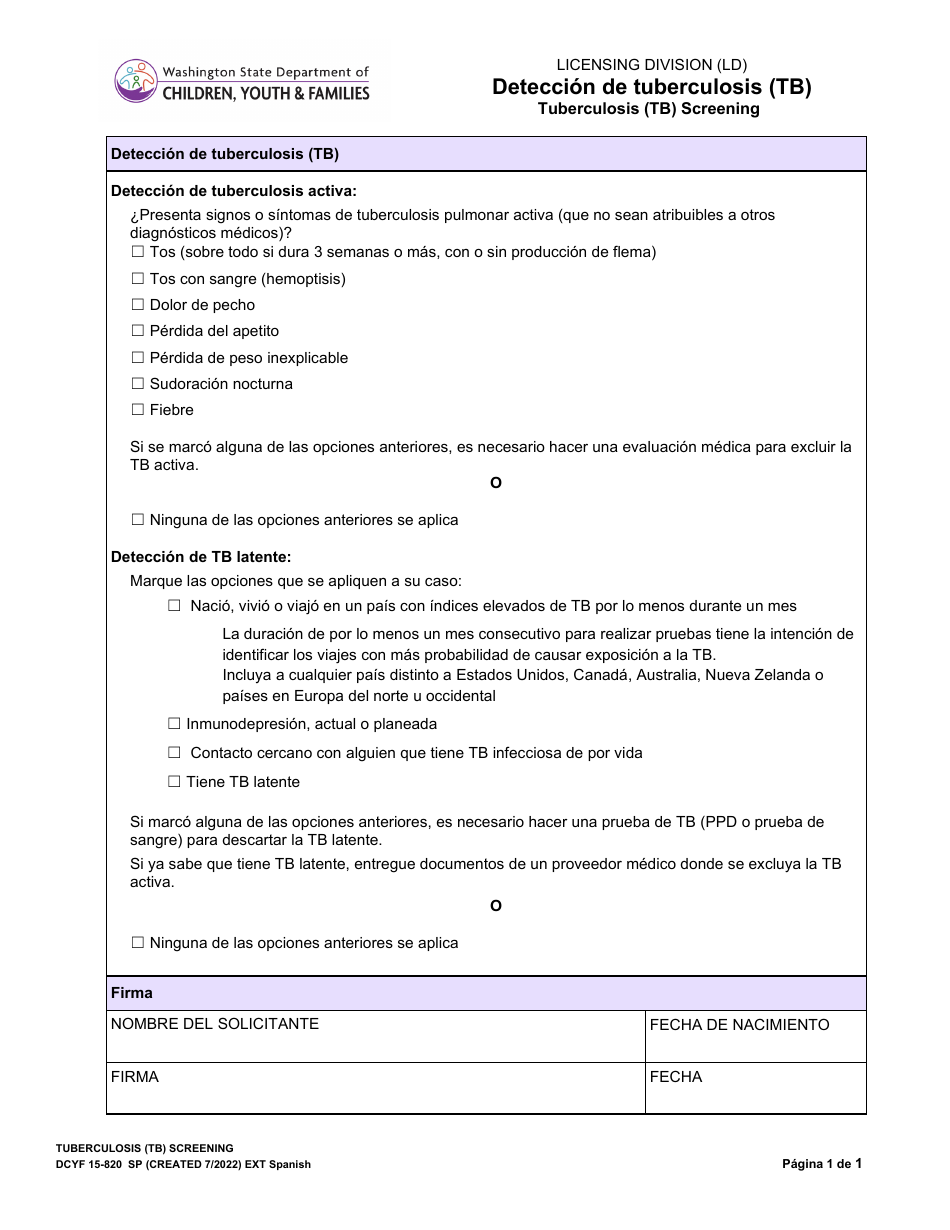 DCYF Formulario 15-820 Deteccion De Tuberculosis (Tb) - Washington (Spanish), Page 1