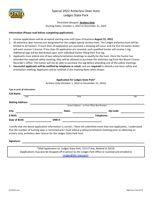 DNR Form 542-0772 Special Antlerless Deer Hunt Permit (Ledges State Park) - Iowa, 2022