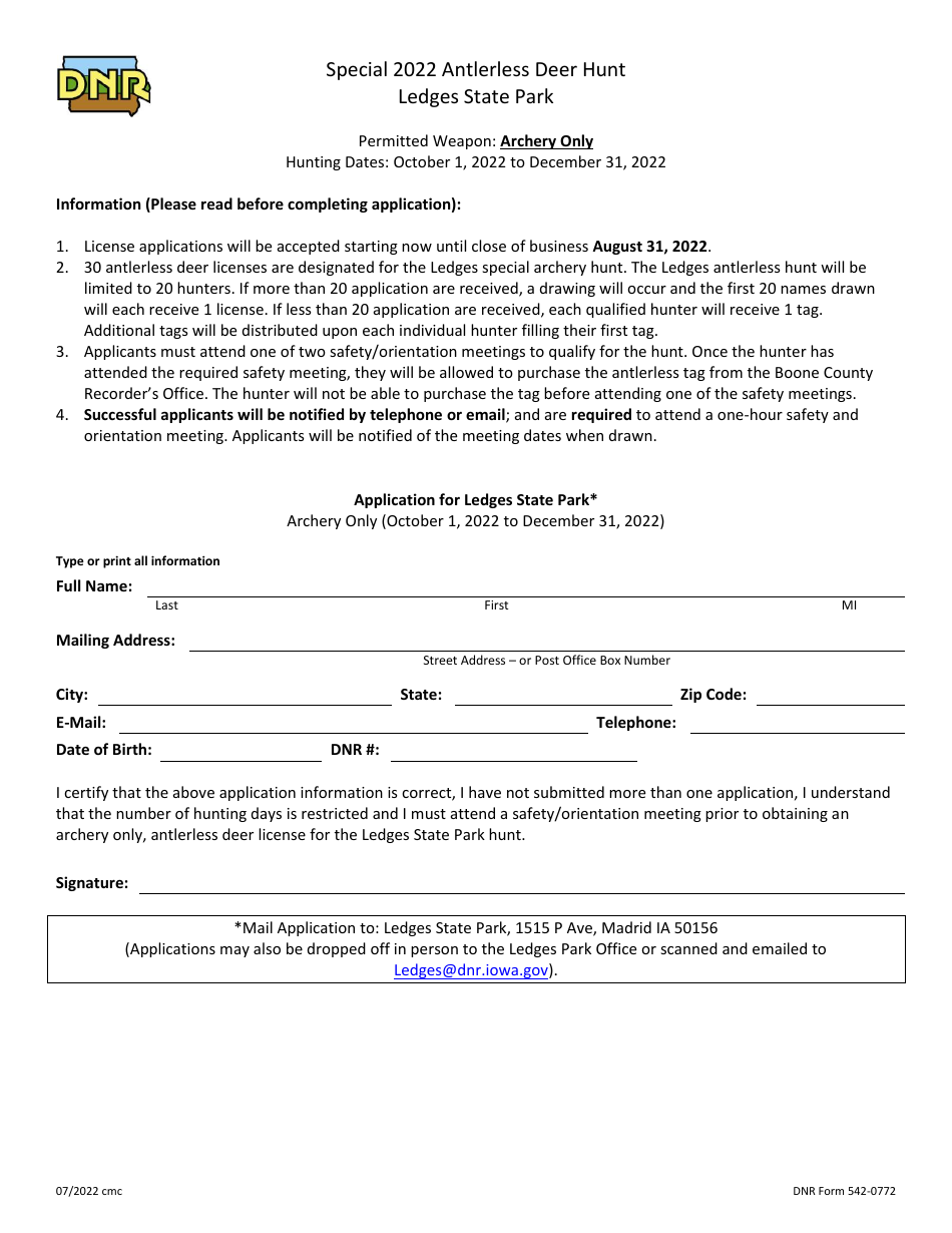 DNR Form 542-0772 Special Antlerless Deer Hunt Permit (Ledges State Park) - Iowa, Page 1