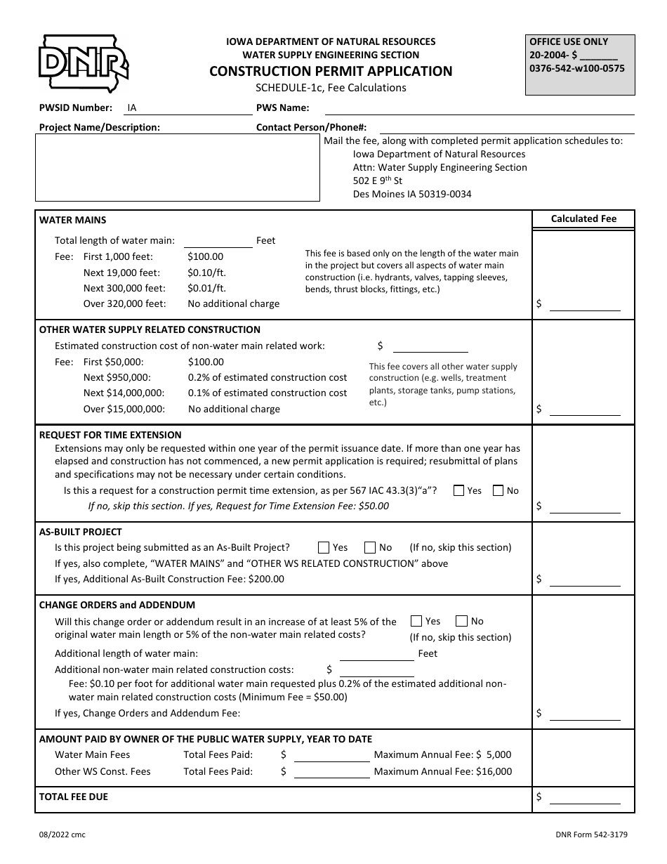 DNR Form 542-3179 Schedule 1C Water Supply Construction Permit Application - Fee Calculations - Iowa, Page 1