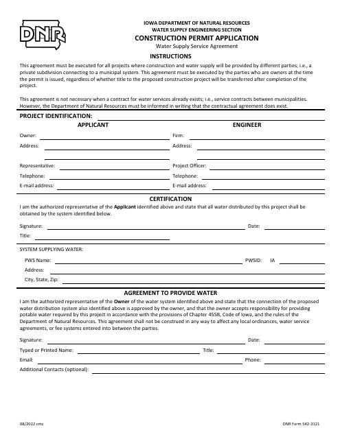 DNR Form 542-3121 Water Supply Service Agreement - Iowa