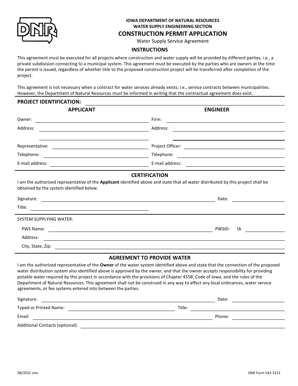 DNR Form 542-3121 Water Supply Service Agreement - Iowa, Page 1