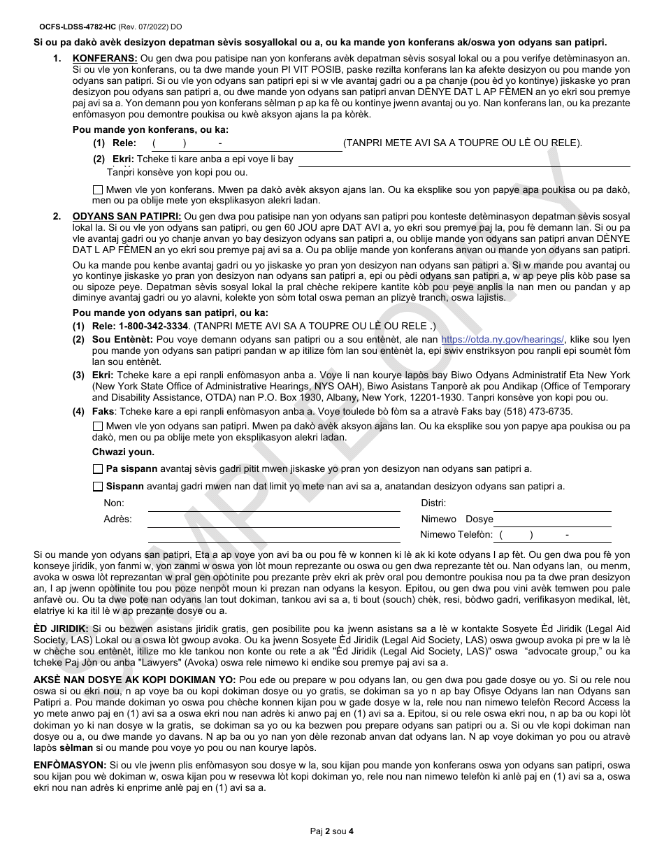 Form OCFS-LDSS-4782-HC Notice of Intent to Discontinue Child Care Benefits - Sample - New York (Haitian Creole), Page 2