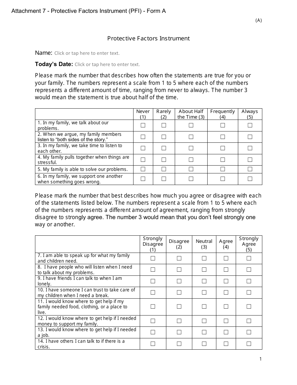 Form A Attachment 7 Protective Factors Instrument - New York, Page 1
