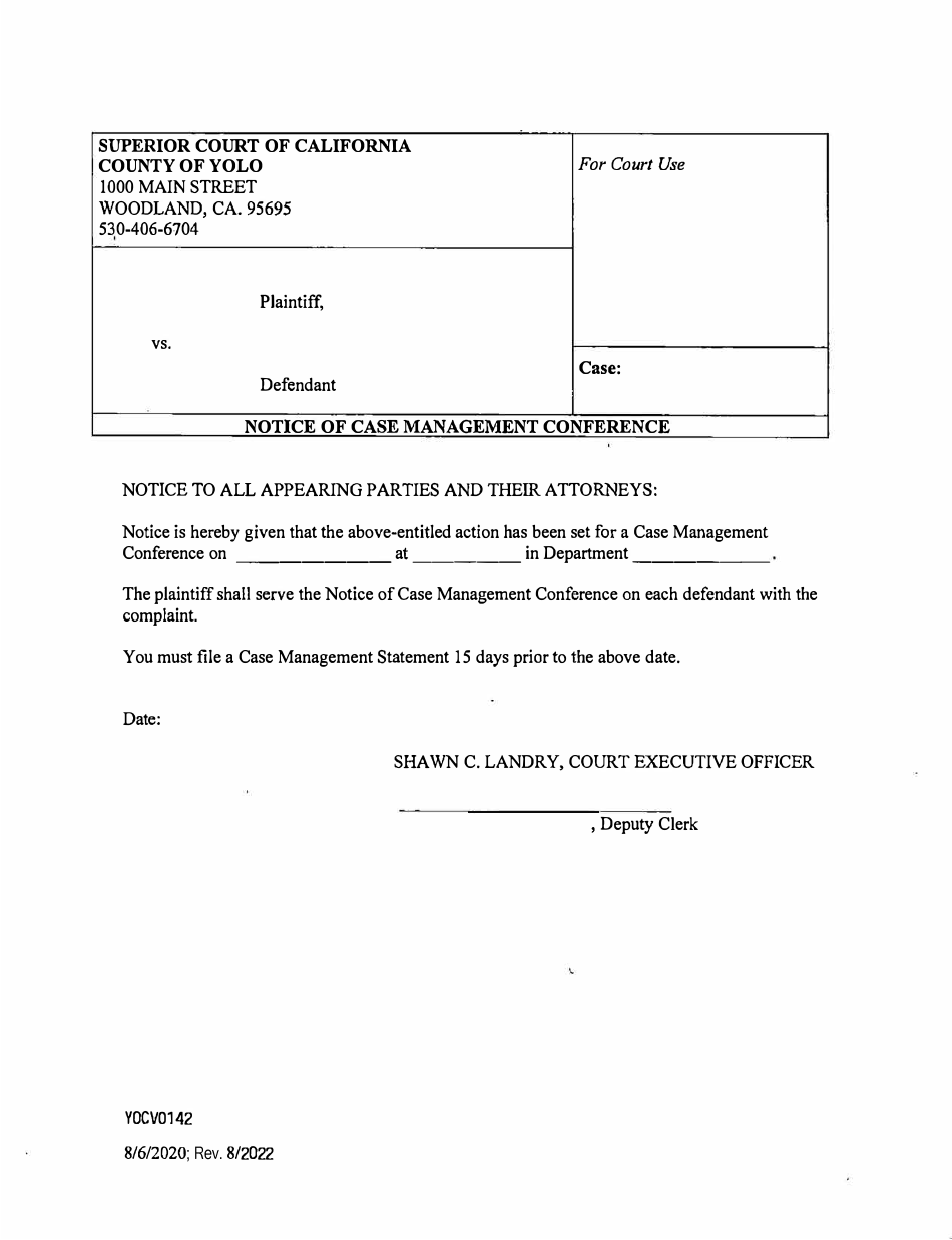 Form YOCV0142 Notice of Case Management Conference - Yolo County, California, Page 1