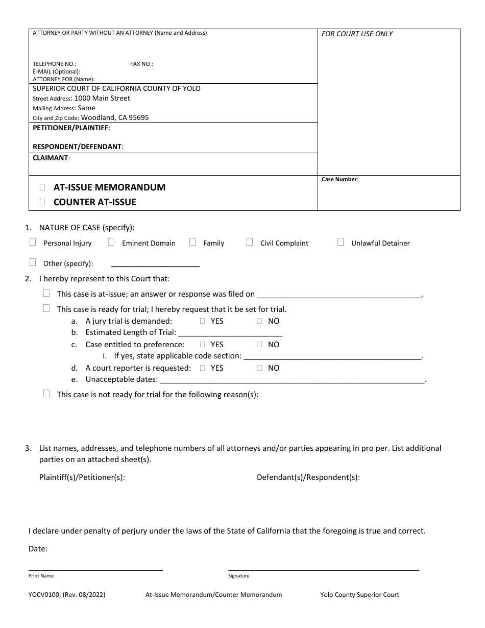 Form YOCV0100 At-Issue Memorandum/Counter Memorandum - County of Yolo, California, Page 1