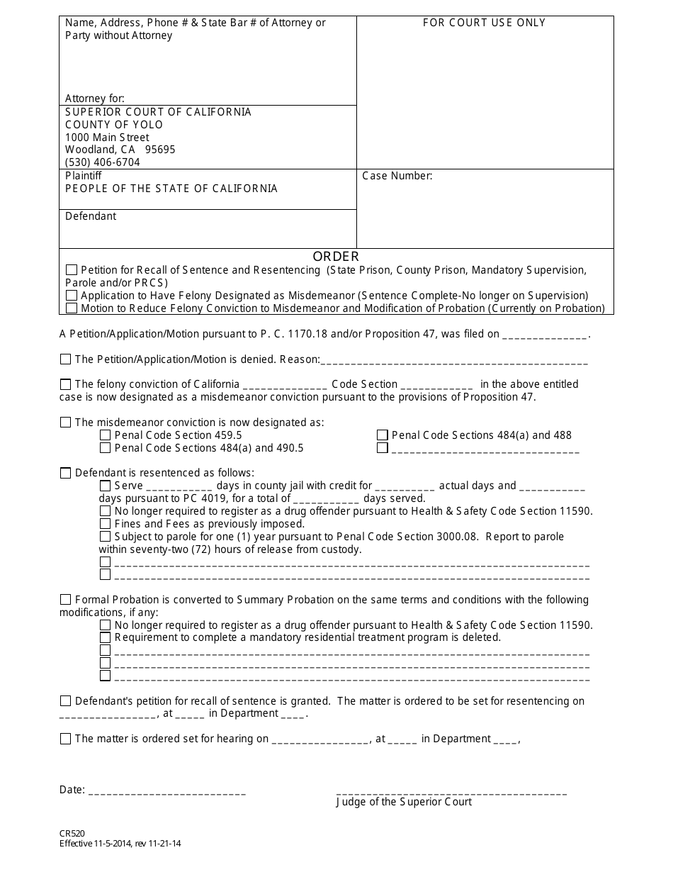 Form CR520 Order - Yolo County, California, Page 1