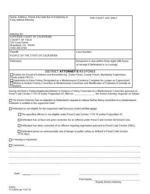 Form CR510 District Attorney's Response - Yolo County, California