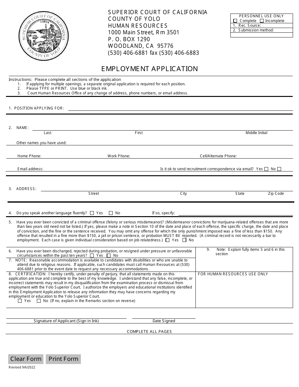 Employment Application - Yolo County, California, Page 1
