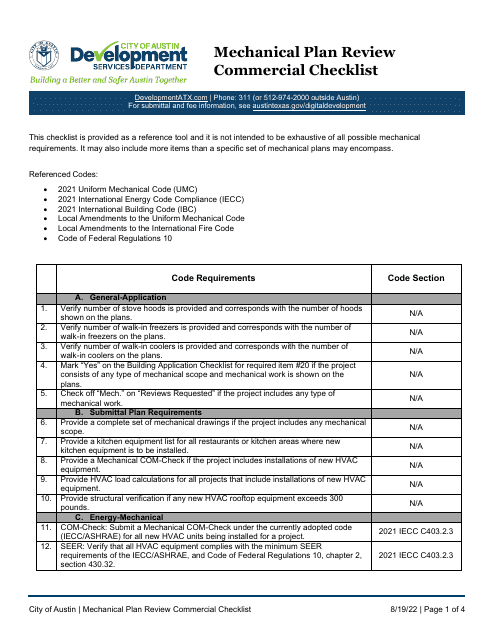 Mechanical Plan Review Commercial Checklist - City of Austin, Texas Download Pdf