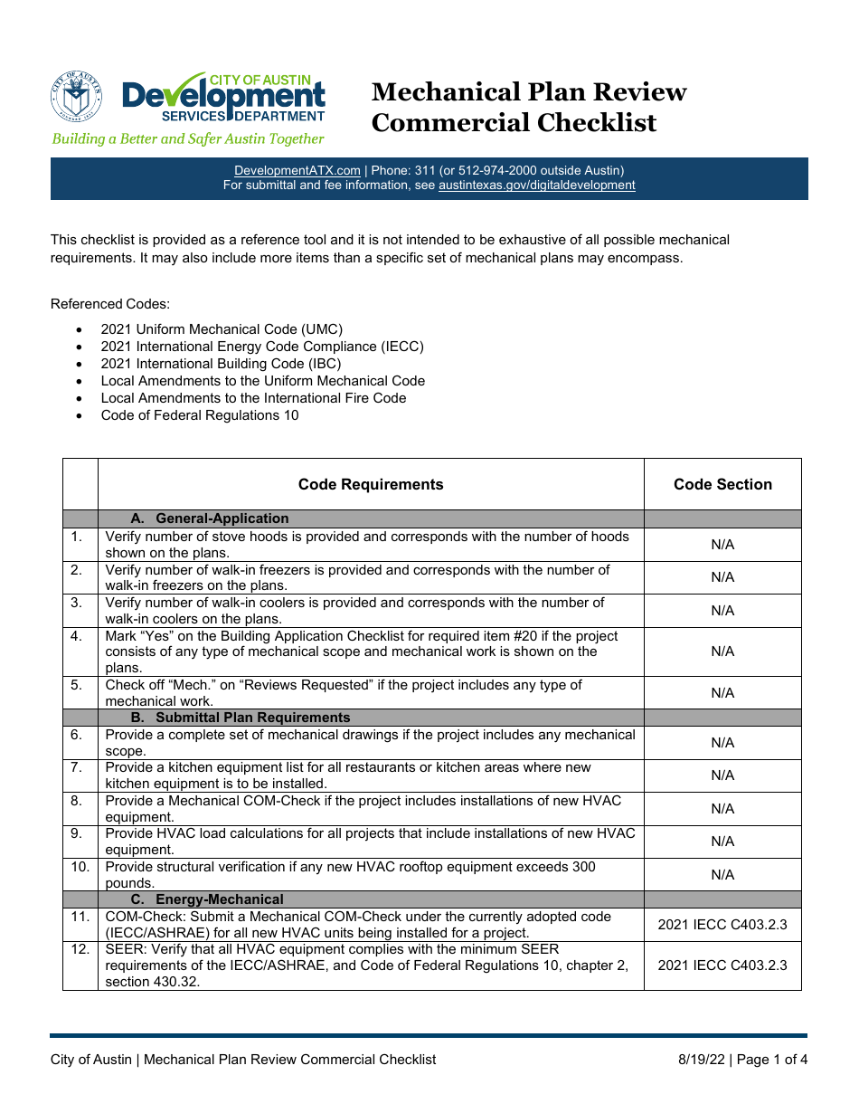 City of Austin, Texas Mechanical Plan Review Commercial Checklist ...