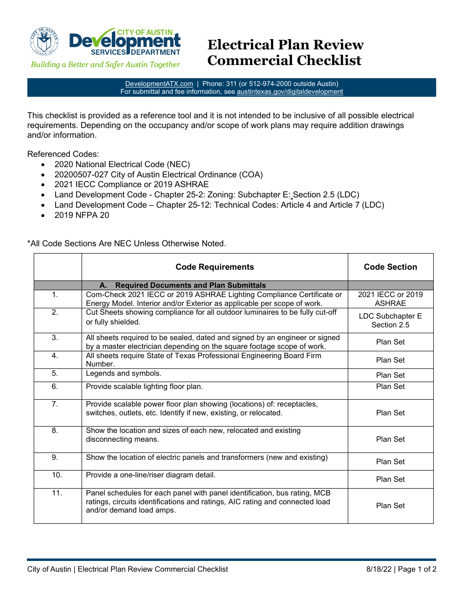 Electrical Plan Review Commercial Checklist - City of Austin, Texas, Page 1