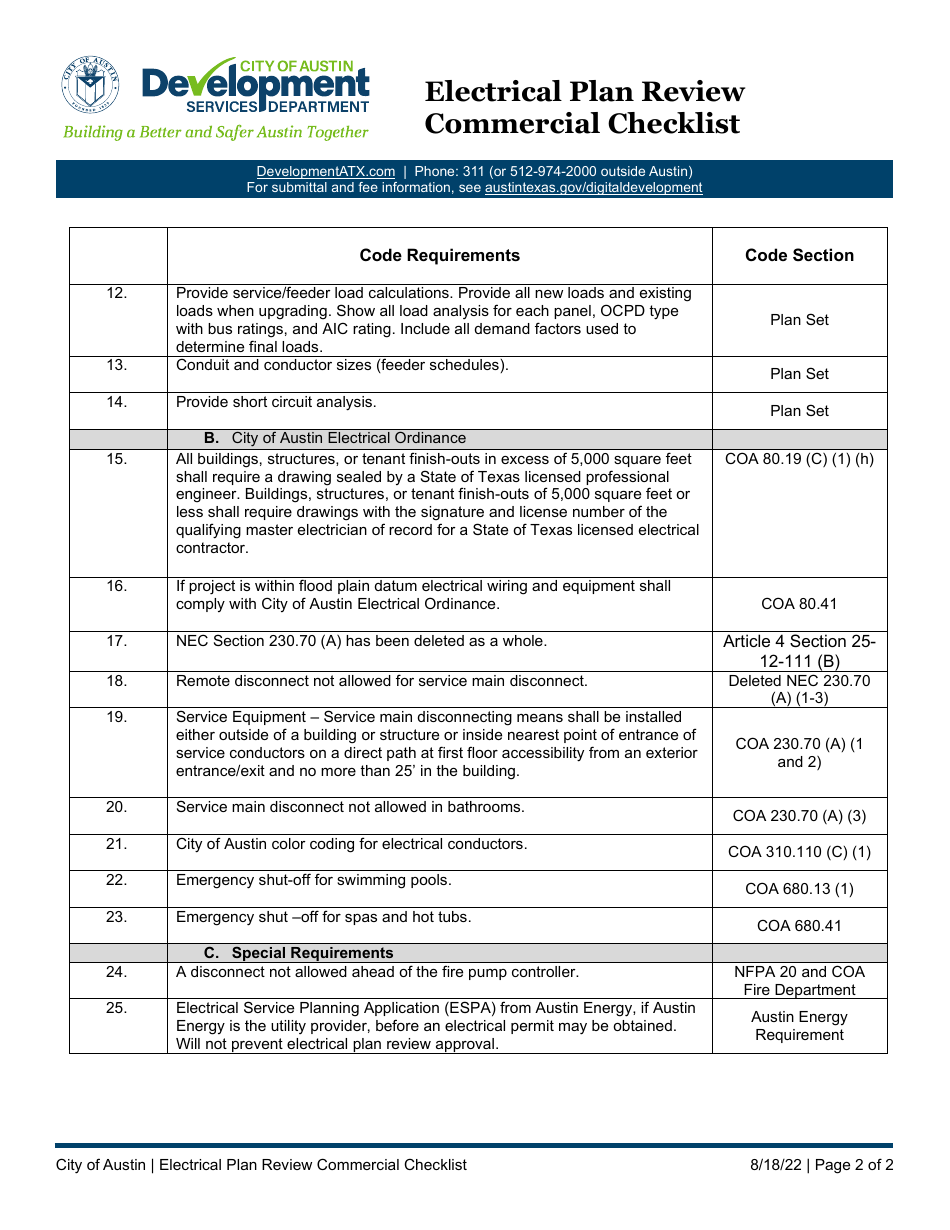 Electrical Plan Review Commercial Checklist - City of Austin, Texas, Page 2