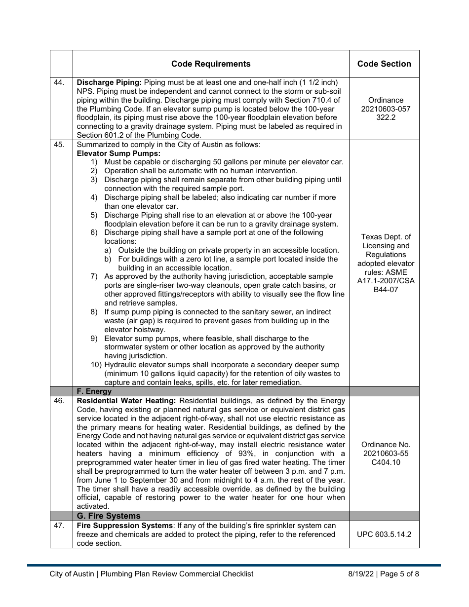 Plumbing Plan Review Commercial Checklist - City of Austin, Texas, Page 5