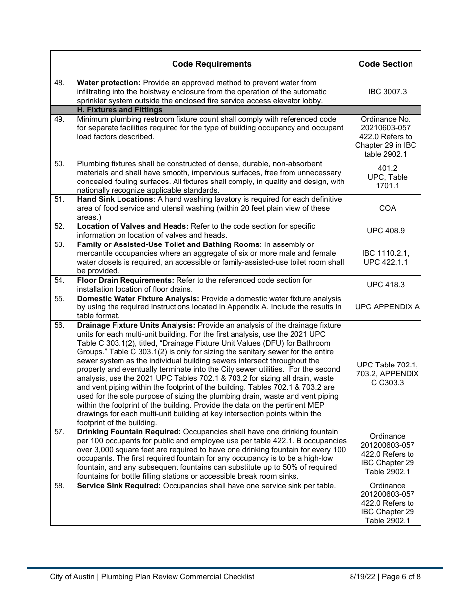 Plumbing Plan Review Commercial Checklist - City of Austin, Texas, Page 6