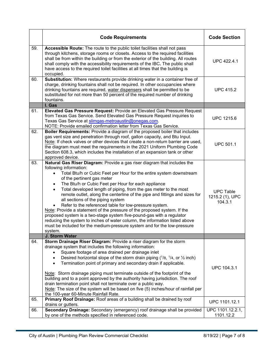 Plumbing Plan Review Commercial Checklist - City of Austin, Texas, Page 7