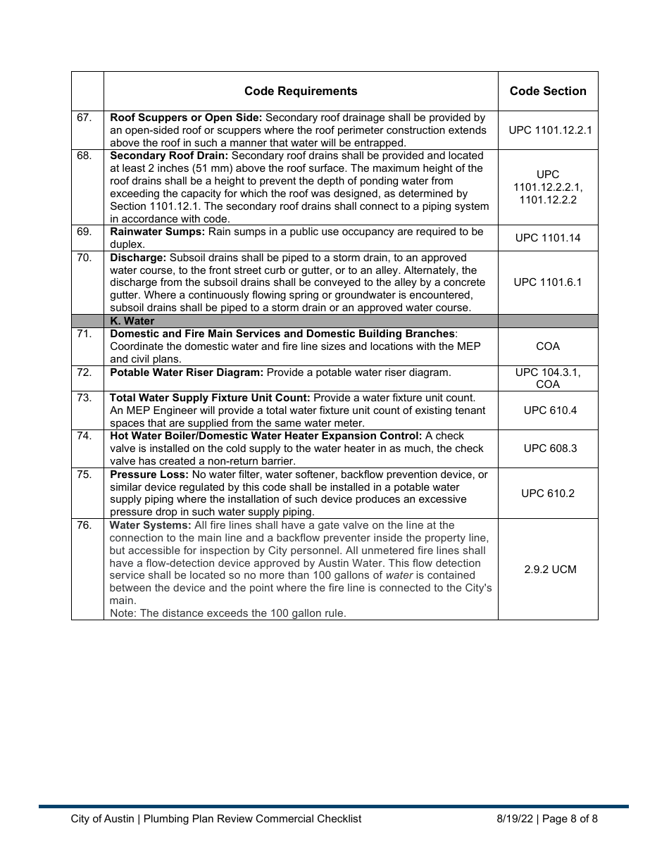 Plumbing Plan Review Commercial Checklist - City of Austin, Texas, Page 8