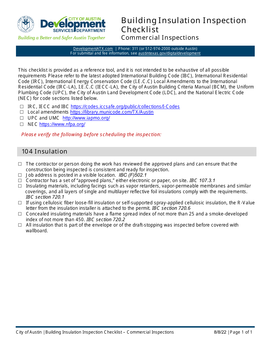 Building Insulation Inspection Checklist - Commercial Inspections - City of Austin, Texas, Page 1