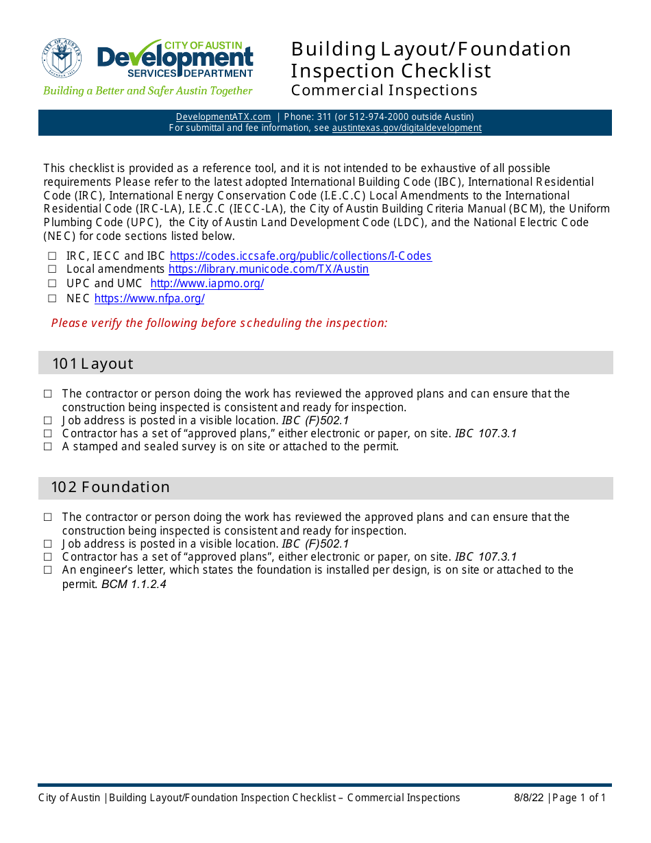 City of Austin, Texas Building Layout/Foundation Inspection Checklist ...