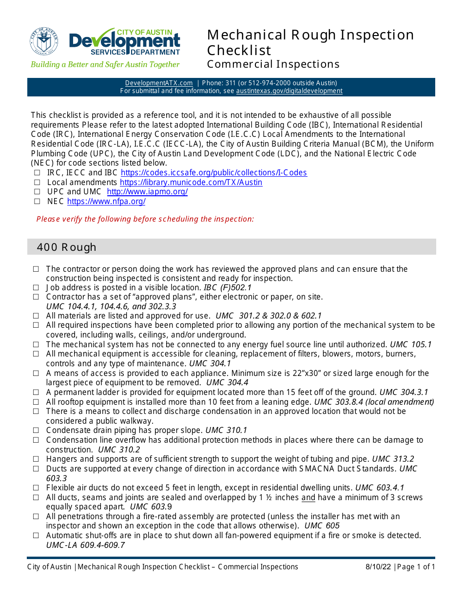 Mechanical Rough Inspection Checklist - Commercial Inspections - City of Austin, Texas, Page 1