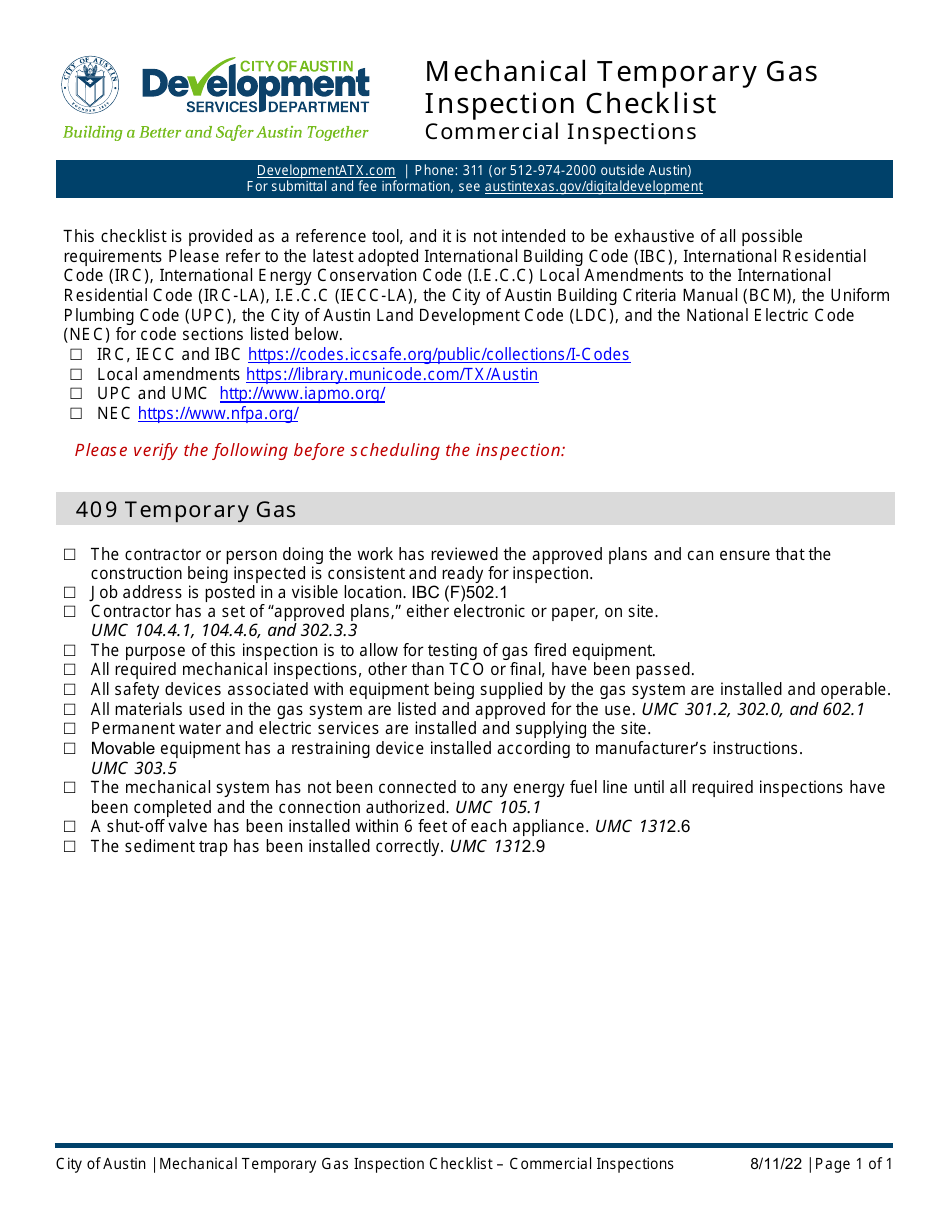 Mechanical Temporary Gas Inspection Checklist - Commercial Inspections - City of Austin, Texas, Page 1