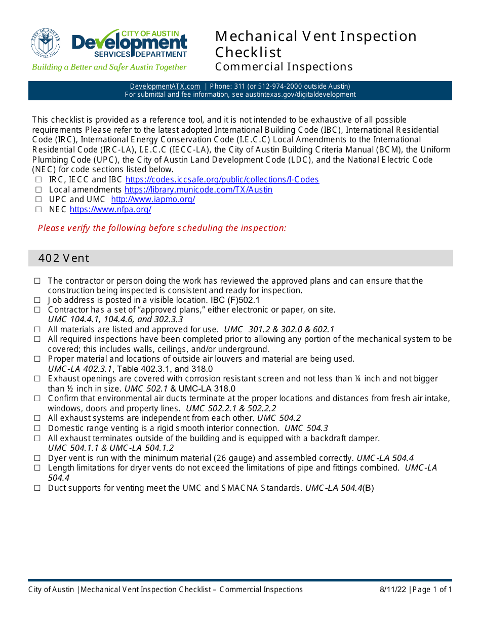 Mechanical Vent Inspection Checklist - Commercial Inspections - City of Austin, Texas, Page 1