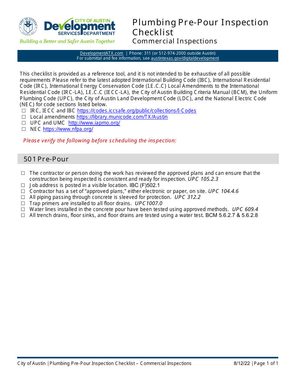 Plumbing Pre-pour Inspection Checklist - Commercial Inspections - City of Austin, Texas, Page 1