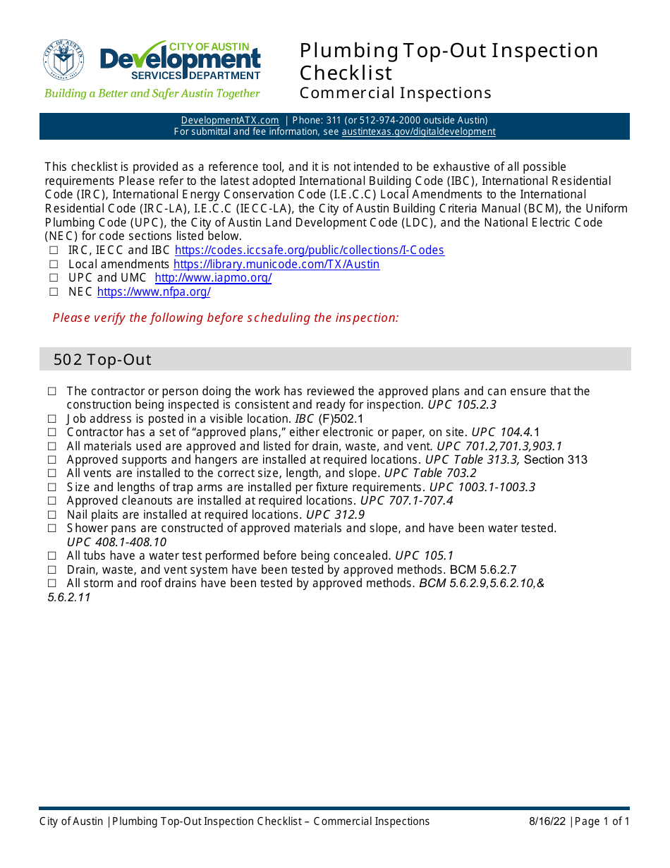 Plumbing Top-Out Inspection Checklist - Commercial Inspections - City of Austin, Texas, Page 1