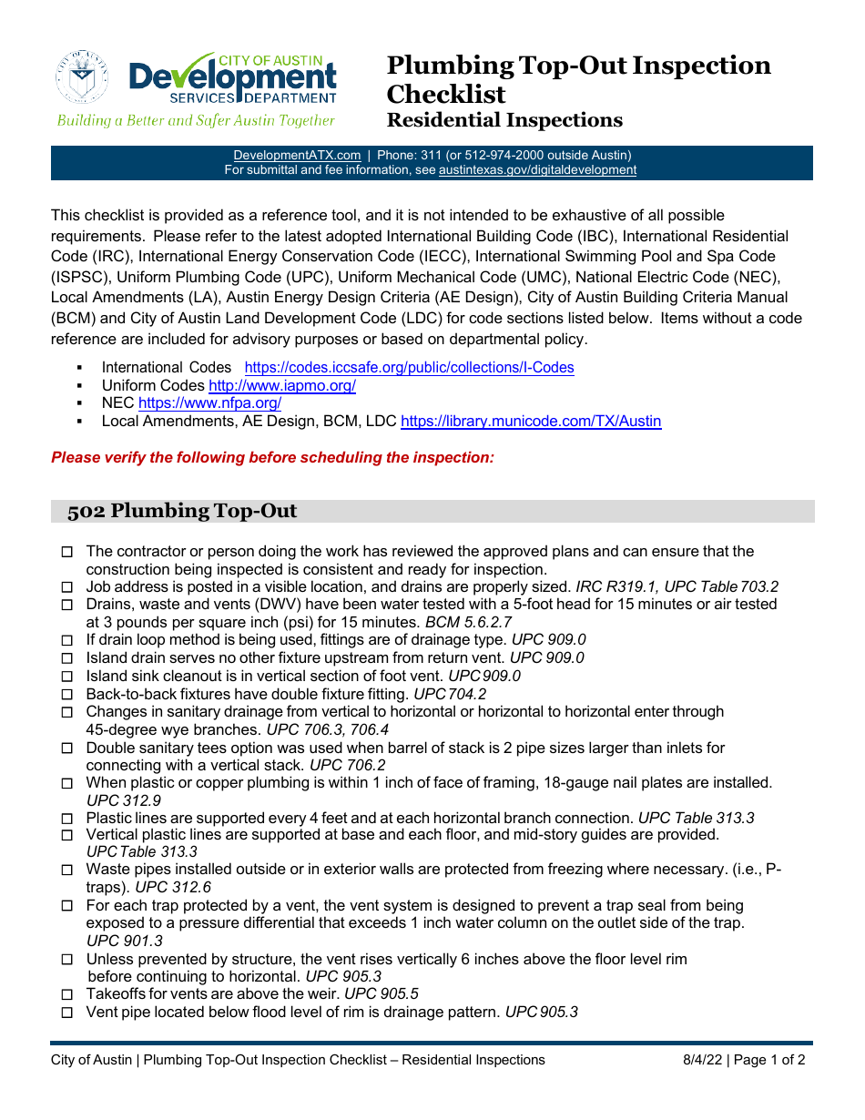 Plumbing Top-Out Inspection Checklist - Residential Inspections - City of Austin, Texas, Page 1