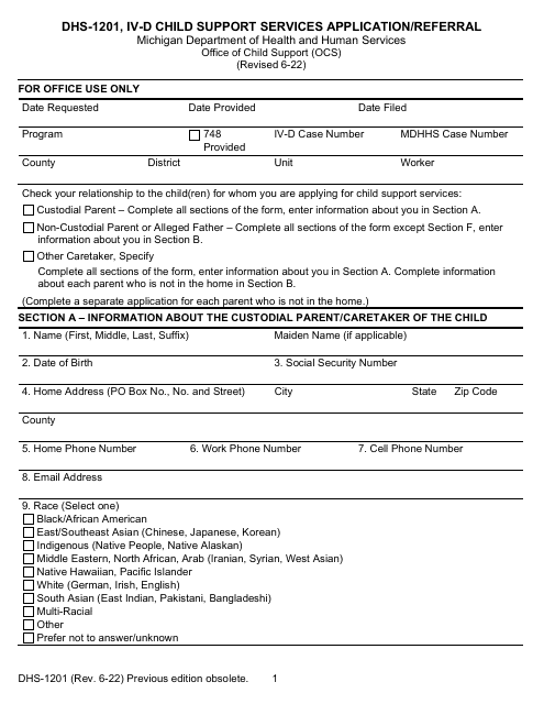 Form DHS-1201 IV-D Child Support Services Application/Referral - Michigan