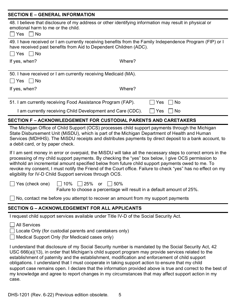 Form DHS-1201 IV-D Child Support Services Application / Referral - Michigan, Page 5