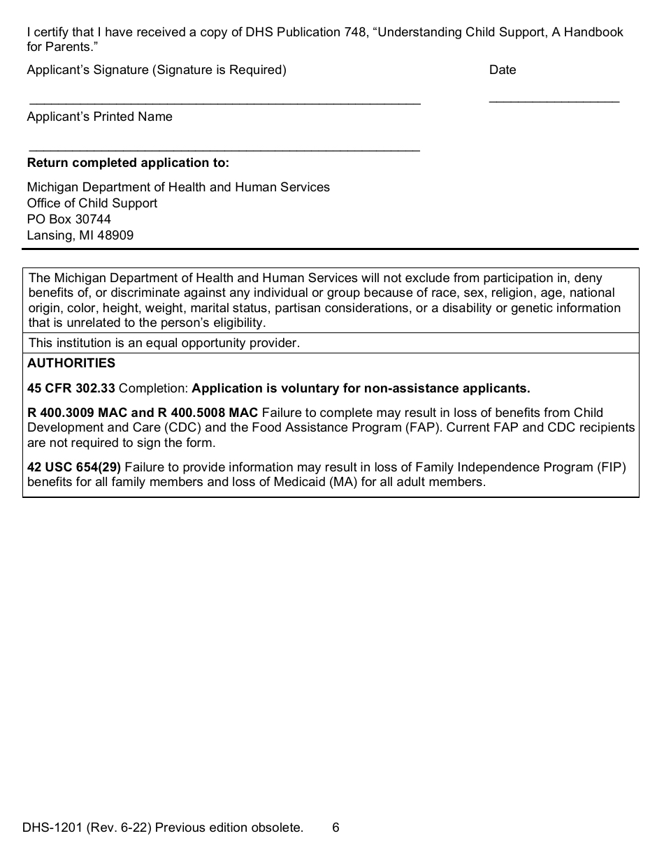 Form DHS-1201 IV-D Child Support Services Application / Referral - Michigan, Page 6