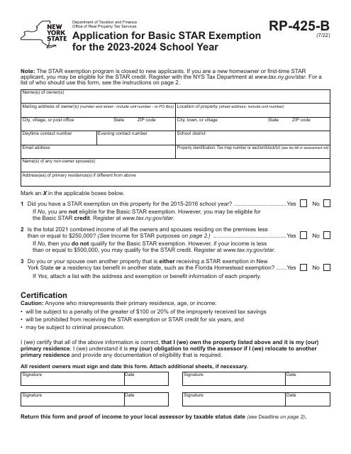 Form RP-425-B Application for Basic Star Exemption - New York, 2024