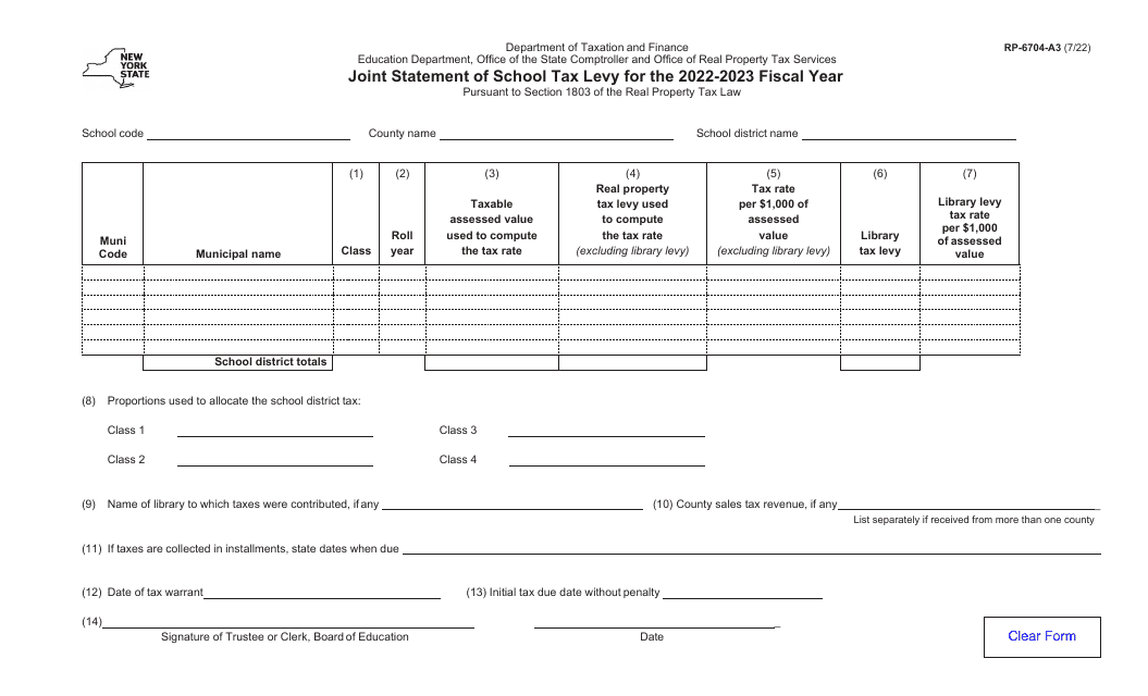 Form RP-6704-A3 Joint Statement of School Tax Levy - New York, 2023