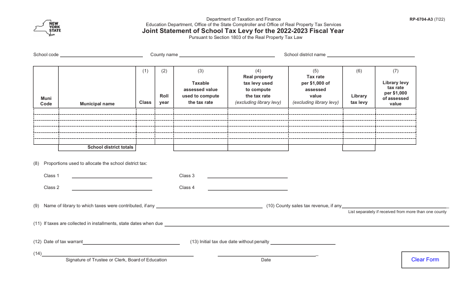 Form RP-6704-A3 Joint Statement of School Tax Levy - New York, Page 1