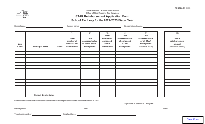 Document preview: Form RP-6704-B1 Star Reimbursement Application Form - School Tax Levy - New York, 2023