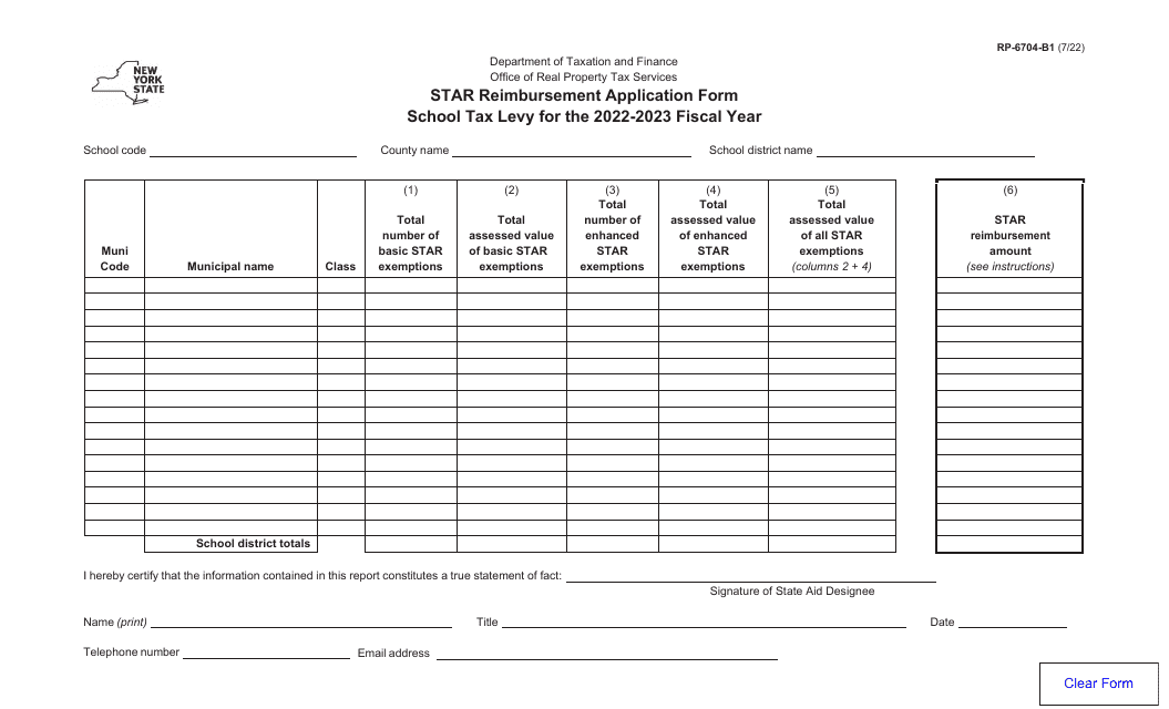 Form RP-6704-B1 Star Reimbursement Application Form - School Tax Levy - New York, 2023