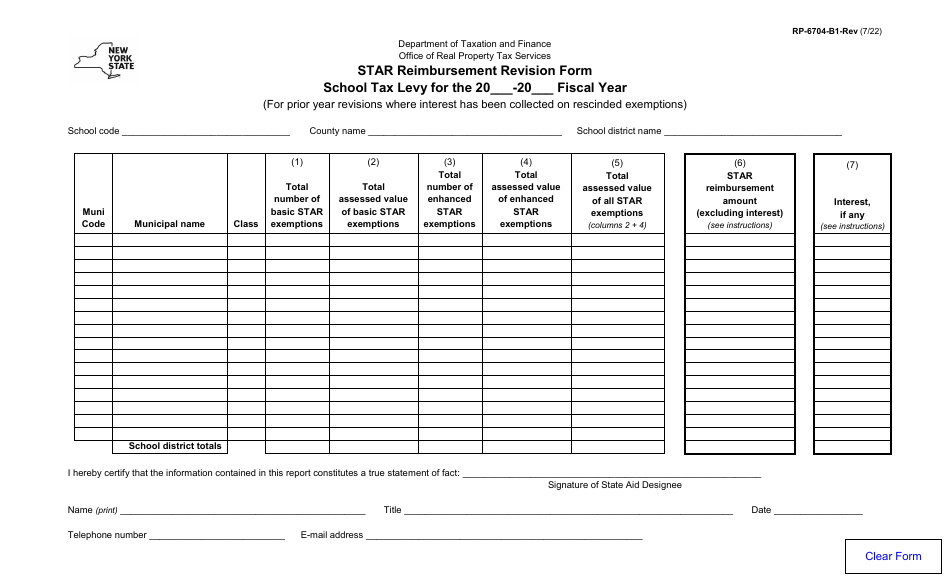 Form RP-6704-B1-REV Star Reimbursement Revision Form - New York, Page 1