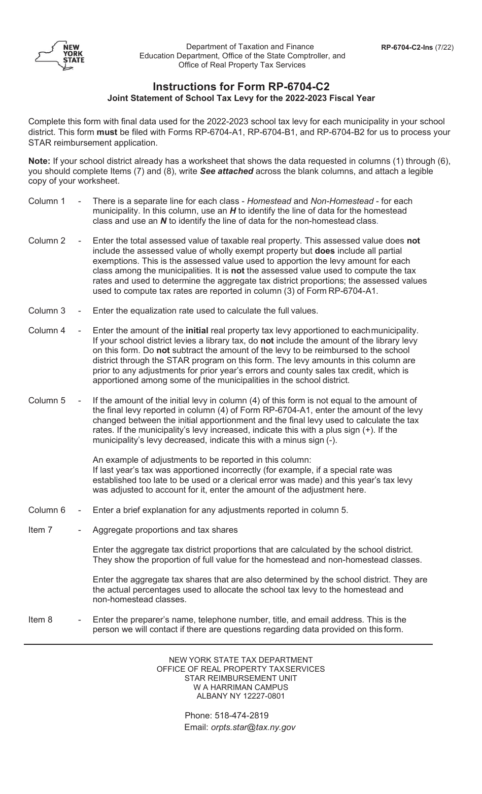 Form RP-6704-C2 Joint Statement of School Tax Levy Pursuant to Section 1903-a of the Real Property Tax Law - New York, Page 2