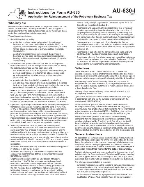 Instructions for Form AU-630 Application for Reimbursement of the Petroleum Business Tax - New York