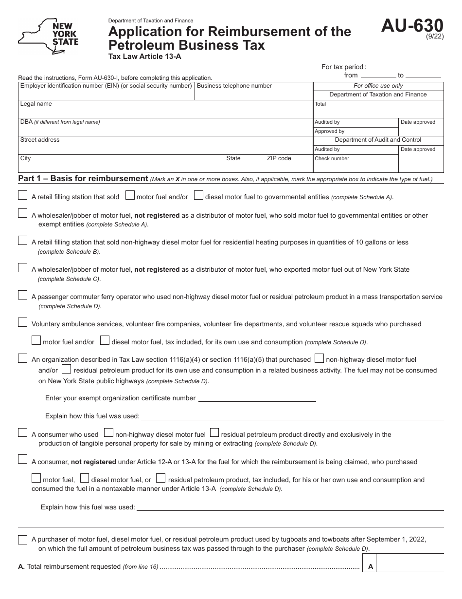 Form AU-630 Application for Reimbursement of the Petroleum Business Tax - New York, Page 1