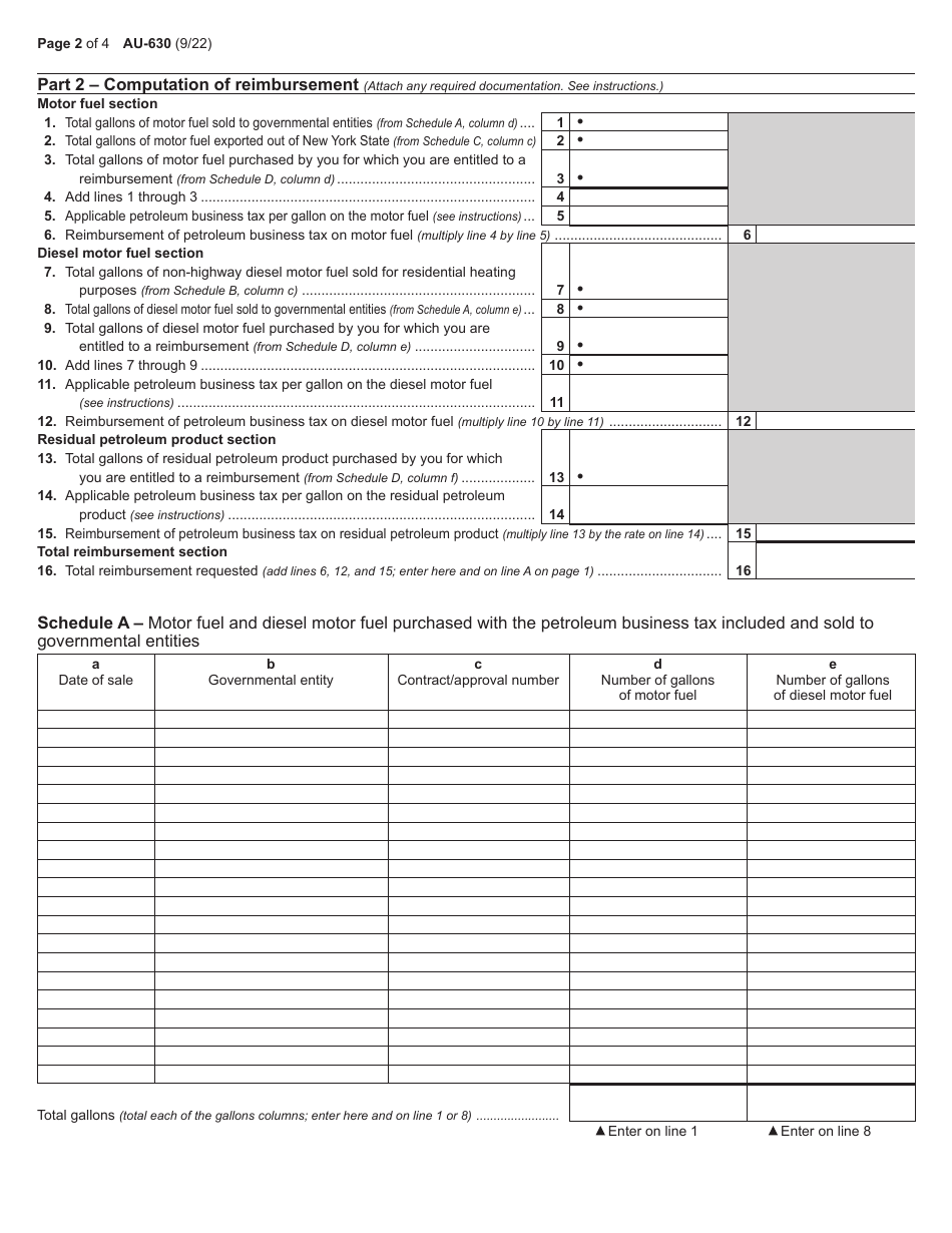 Form AU-630 Application for Reimbursement of the Petroleum Business Tax - New York, Page 2
