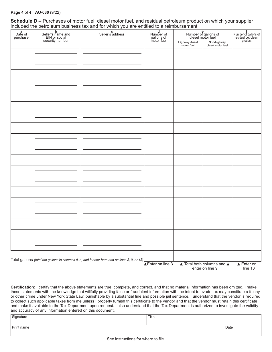 Form AU-630 Application for Reimbursement of the Petroleum Business Tax - New York, Page 4