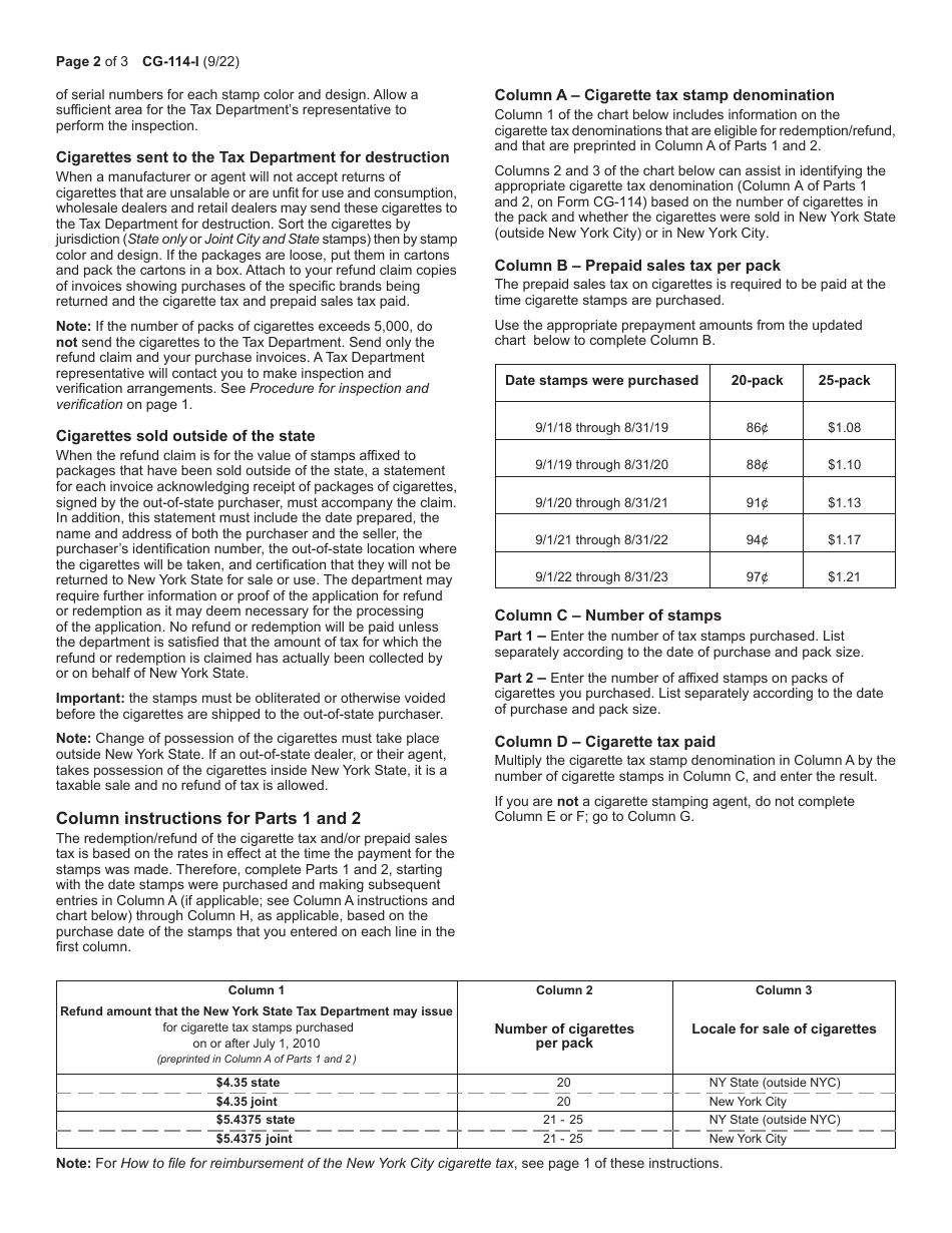 Instructions for Form CG-114 Claim for Redemption / Refund of Cigarette Tax Stamps and Prepaid Sales Tax - New York, Page 2