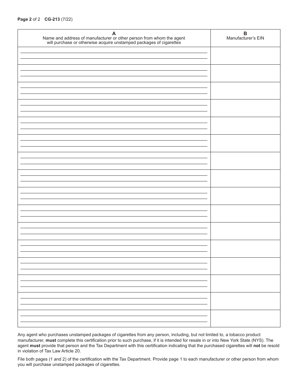 Form CG-213 Cigarette Stamping Agent Certification of Compliance With Tax Law Article 20 - New York, Page 2
