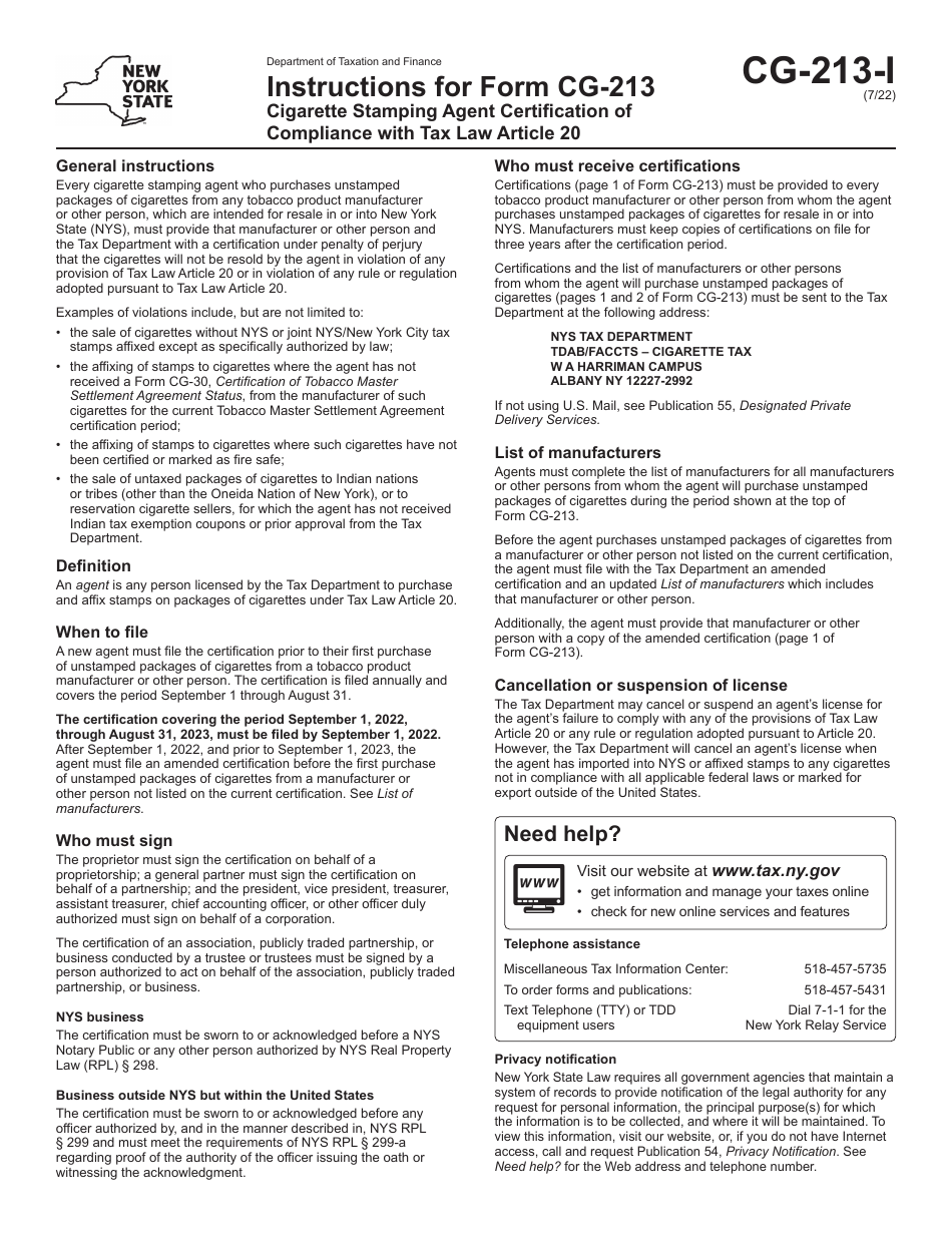 Instructions for Form CG-213 Cigarette Stamping Agent Certification of Compliance With Tax Law Article 20 - New York, Page 1